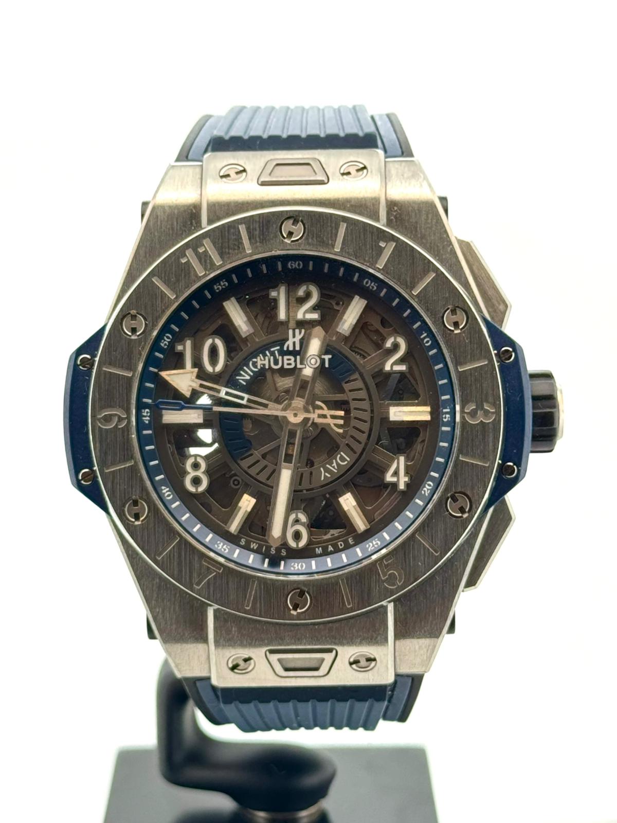 BIG BANG UNICO GMT 45MM TITANIUM BLUE GREY SKELETON DIAL (WATCH & PAPER)